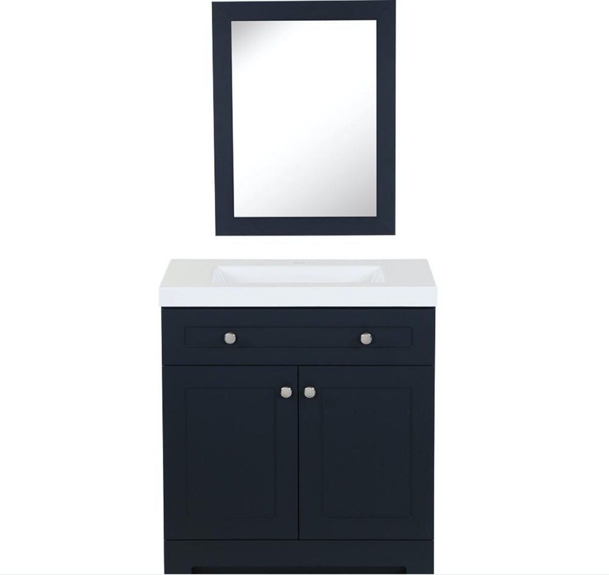black vanity with white counter under black mirror