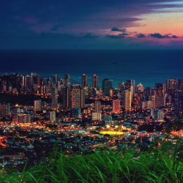 Cityscape of Honolulu city and Waikiki beach in night time at Tantalus lookout , Honolulu, Oahu island, Hawaii