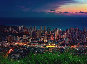Cityscape of Honolulu city and Waikiki beach in night time at Tantalus lookout , Honolulu, Oahu island, Hawaii