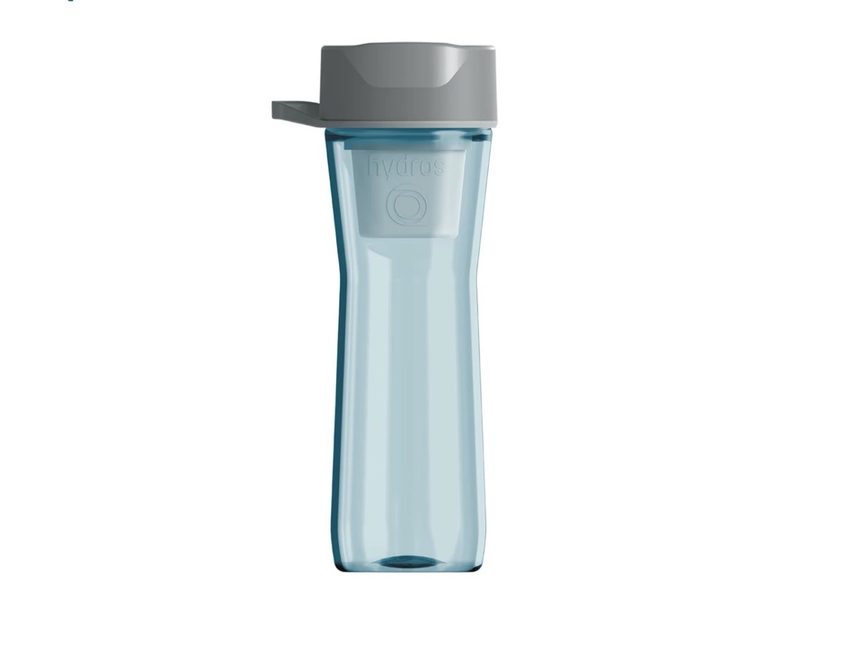 clear blue water bottle with gray top