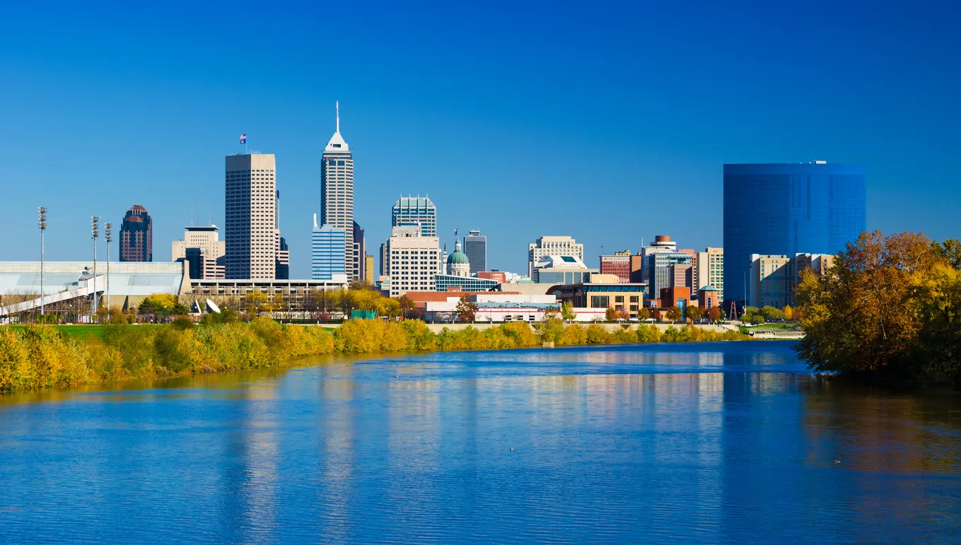 The skyline of Indianapolis, Indiana from the White River