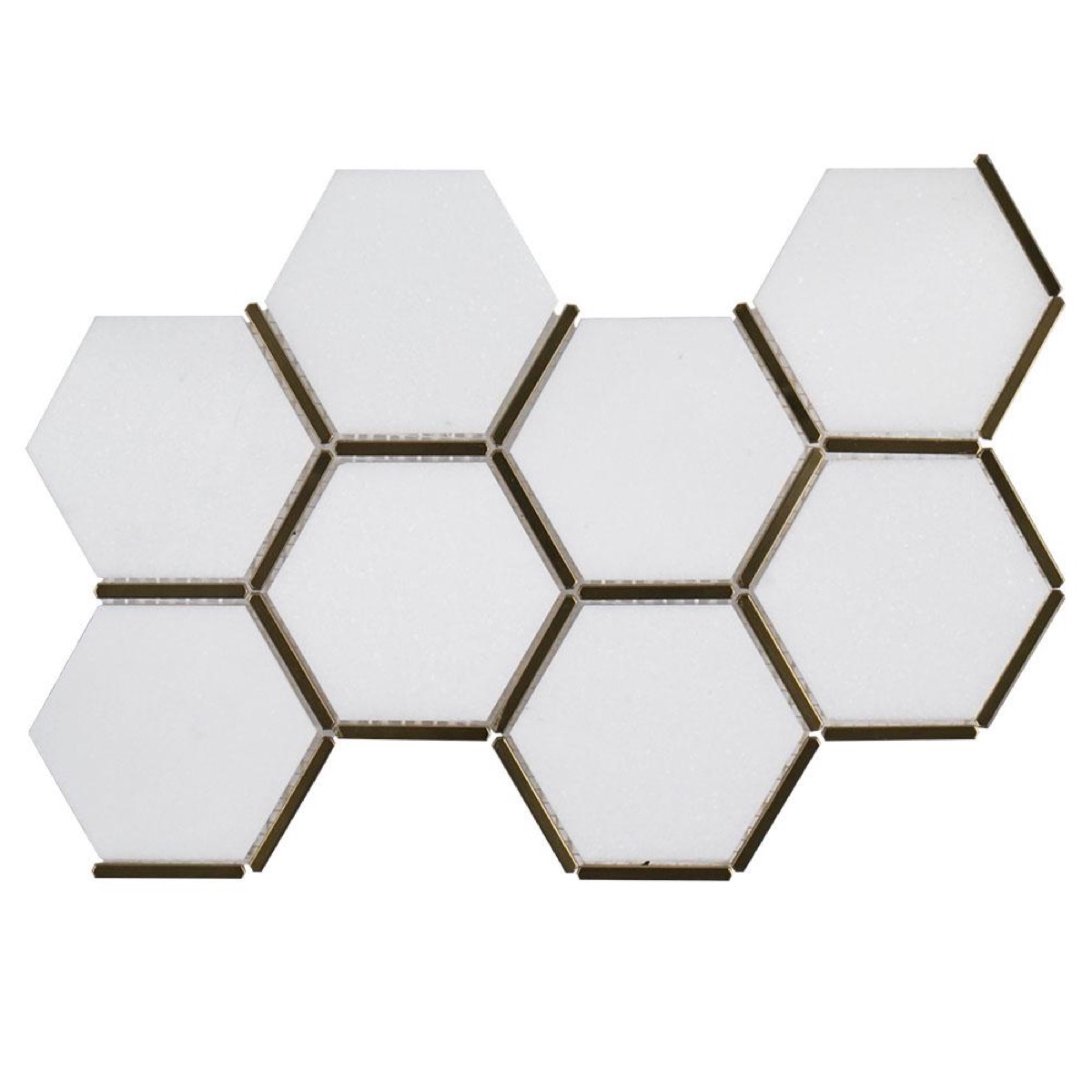 white hexagon tiles with gold edges