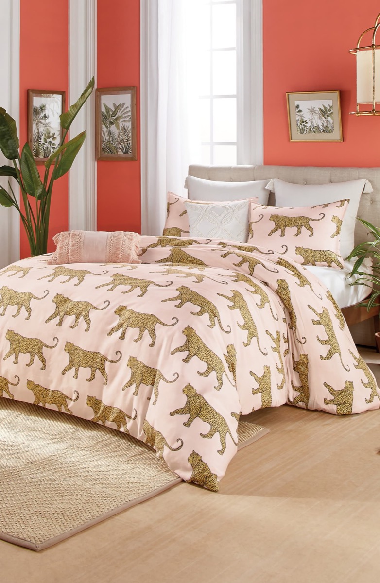 pink comforter set with leopard pattern