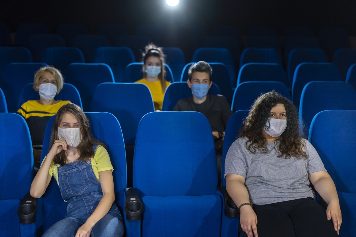 Group of people watching movie after Coronavirus pandemic. Social distancing