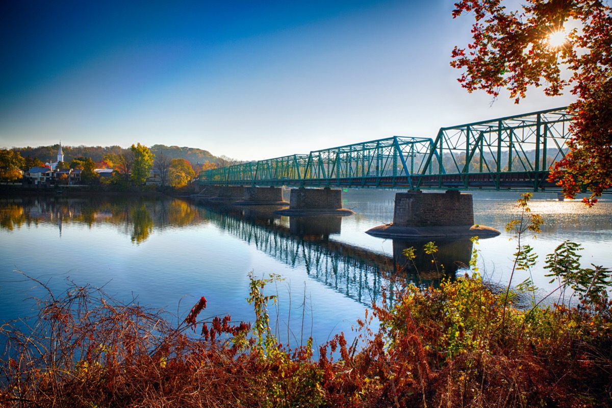 Autumn Morning View of the New Hope-Lambertville Bridge Spanning the Delaware River , New Hope, Pennsylvania