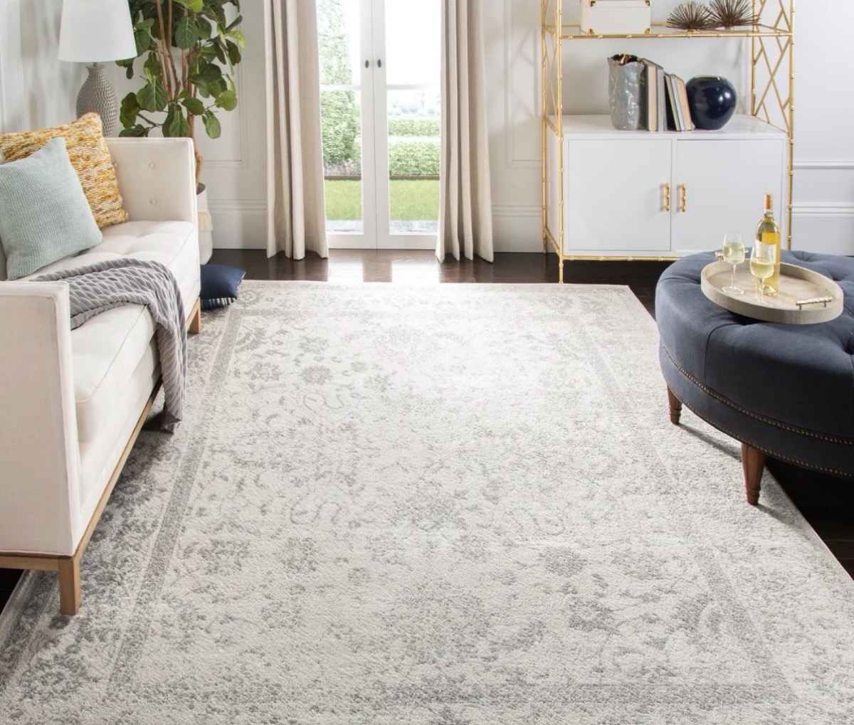 gray oriental rug in living room