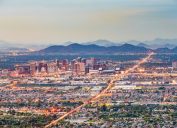 Phoenix, Arizona, downtown cityscape from above at dusk.