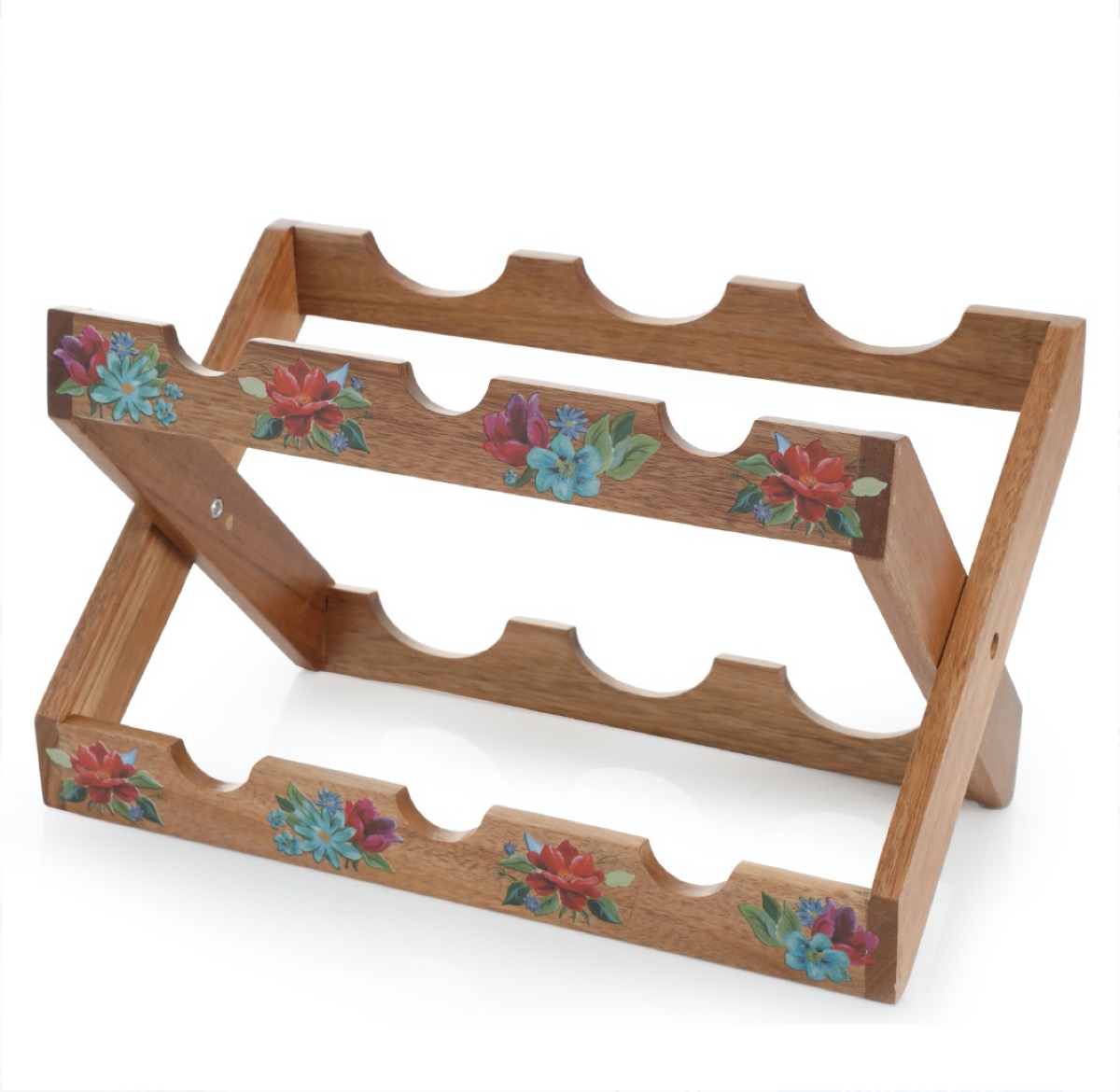 wooden wine rack with painted flowers