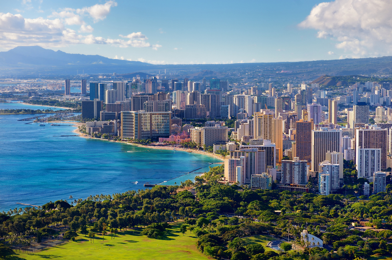 The skyline of Honolulu, Oahu, Hawaii on a sunny day