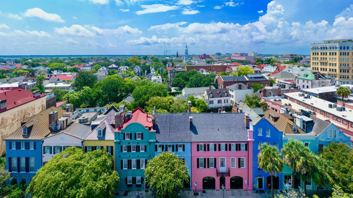 Aerial view of Rainbow Row in downtown Charleston, SC