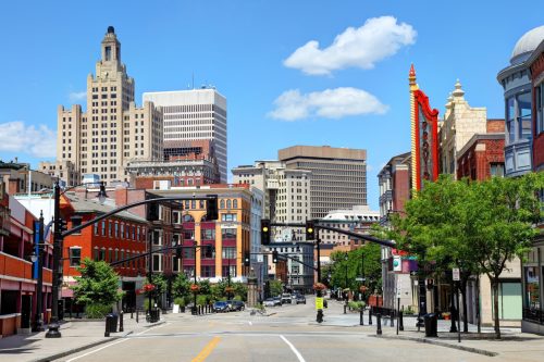 A view of downtown Providence, Rhode Island on a sunny day.