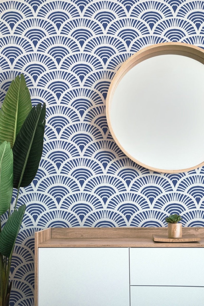 Blue peel and stick wallpaper with an art deco design