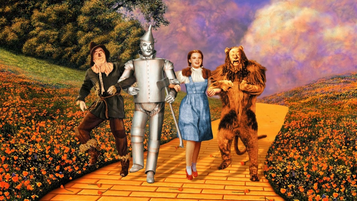 Ray Bolger, Jack Haley, Judy Garland, and Bert Lahr in The Wizard of Oz