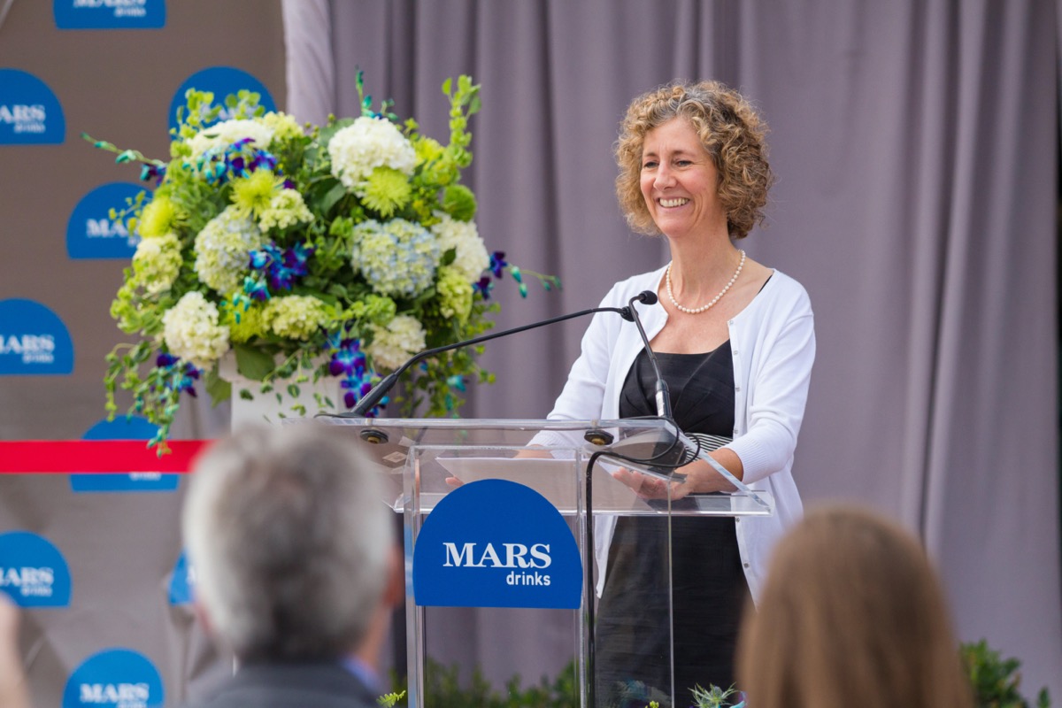 Victoria B. Mars, heiress of the Mars family and chairman of Mars Inc, speaking at an Mars Drinks corporate event