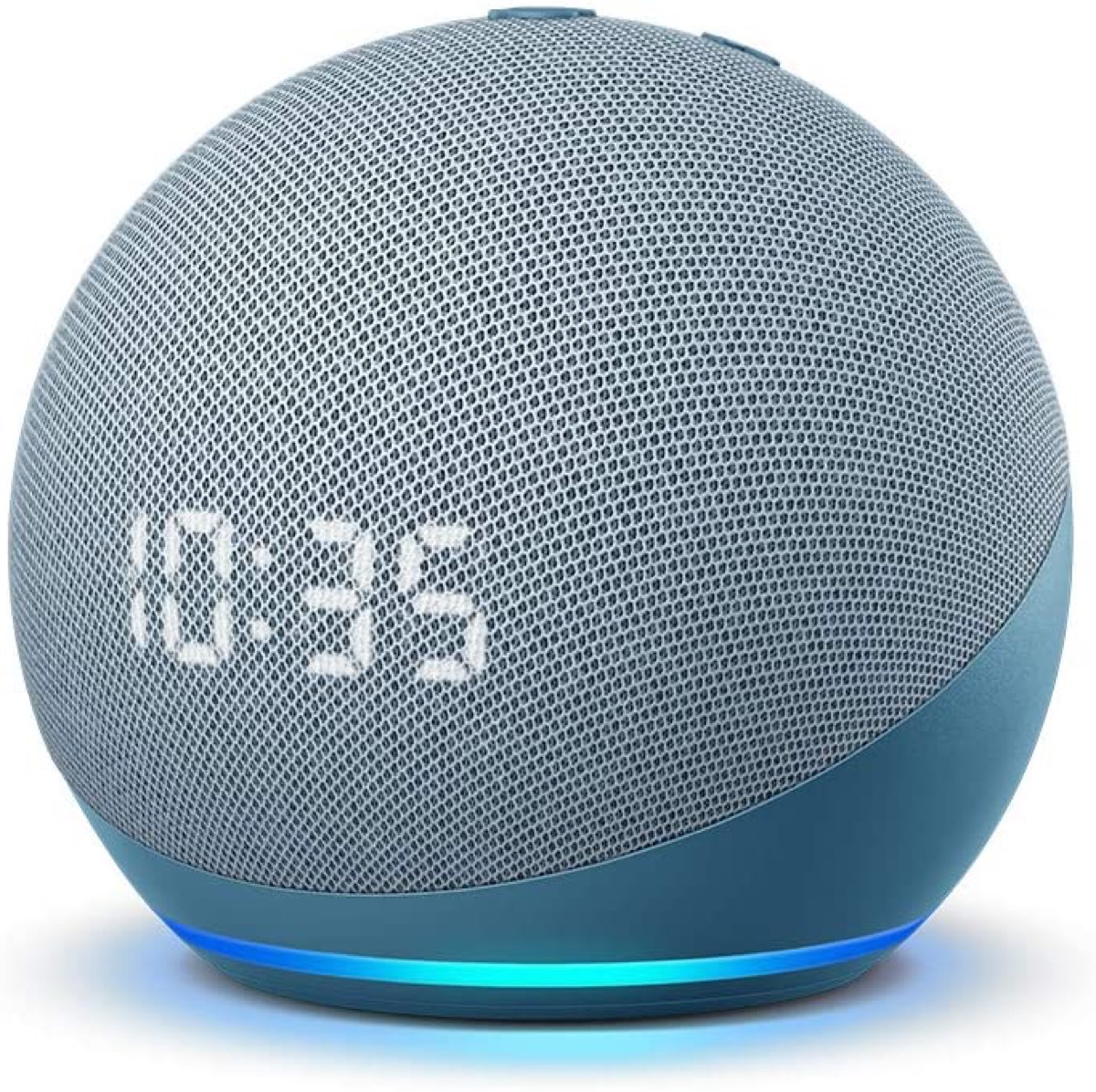 gray echo dot smart home device displaying 10:35 time