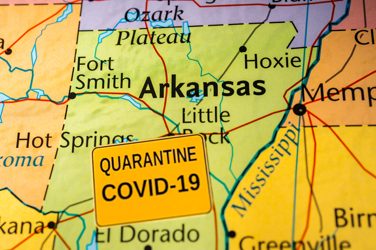 map shows Arkansas with COVID-19 label