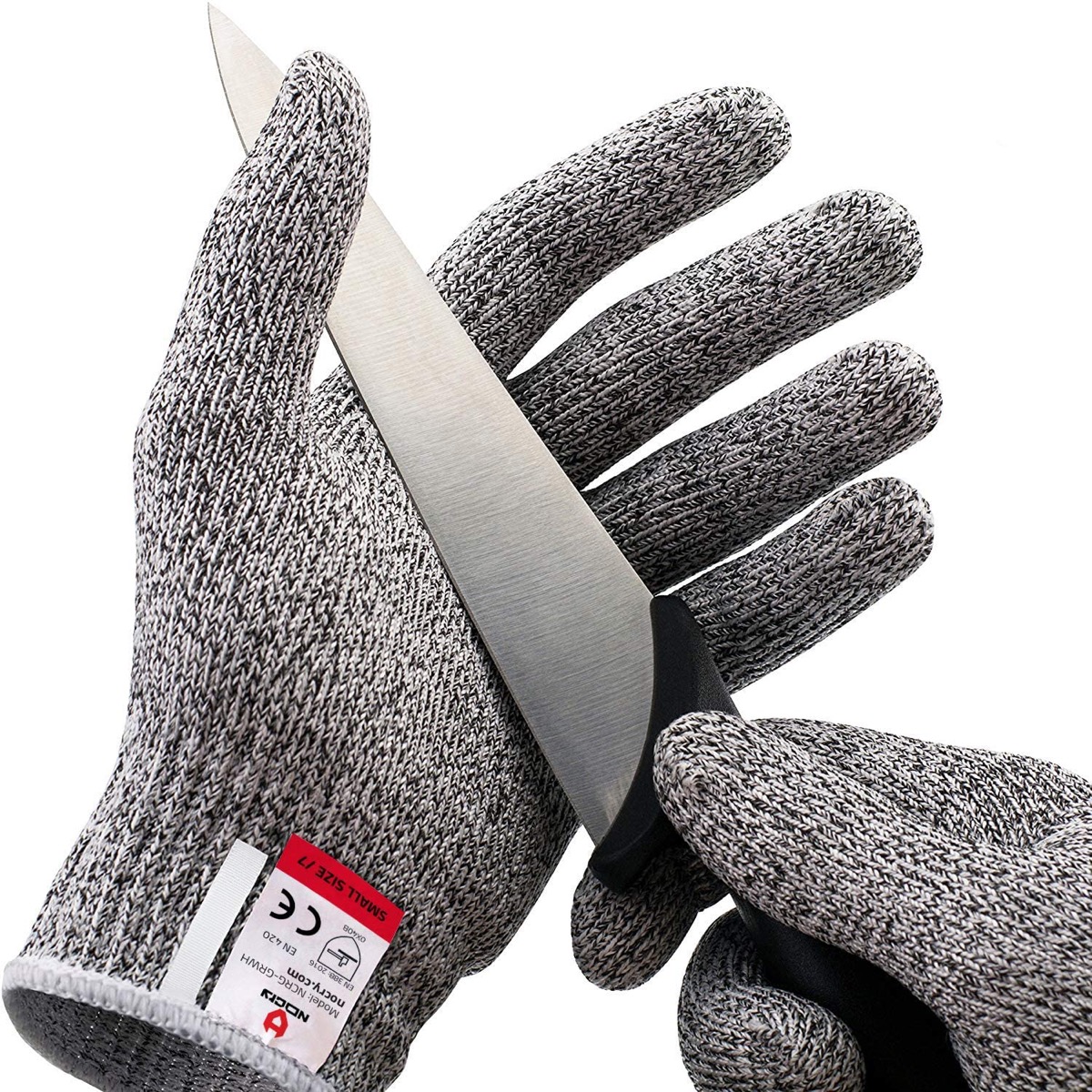gray gloves holding knife
