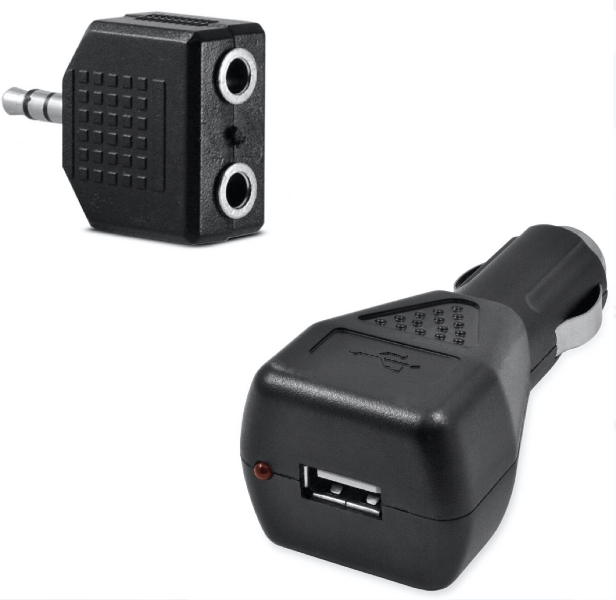 two black plugs for converting mp3 player for use in car