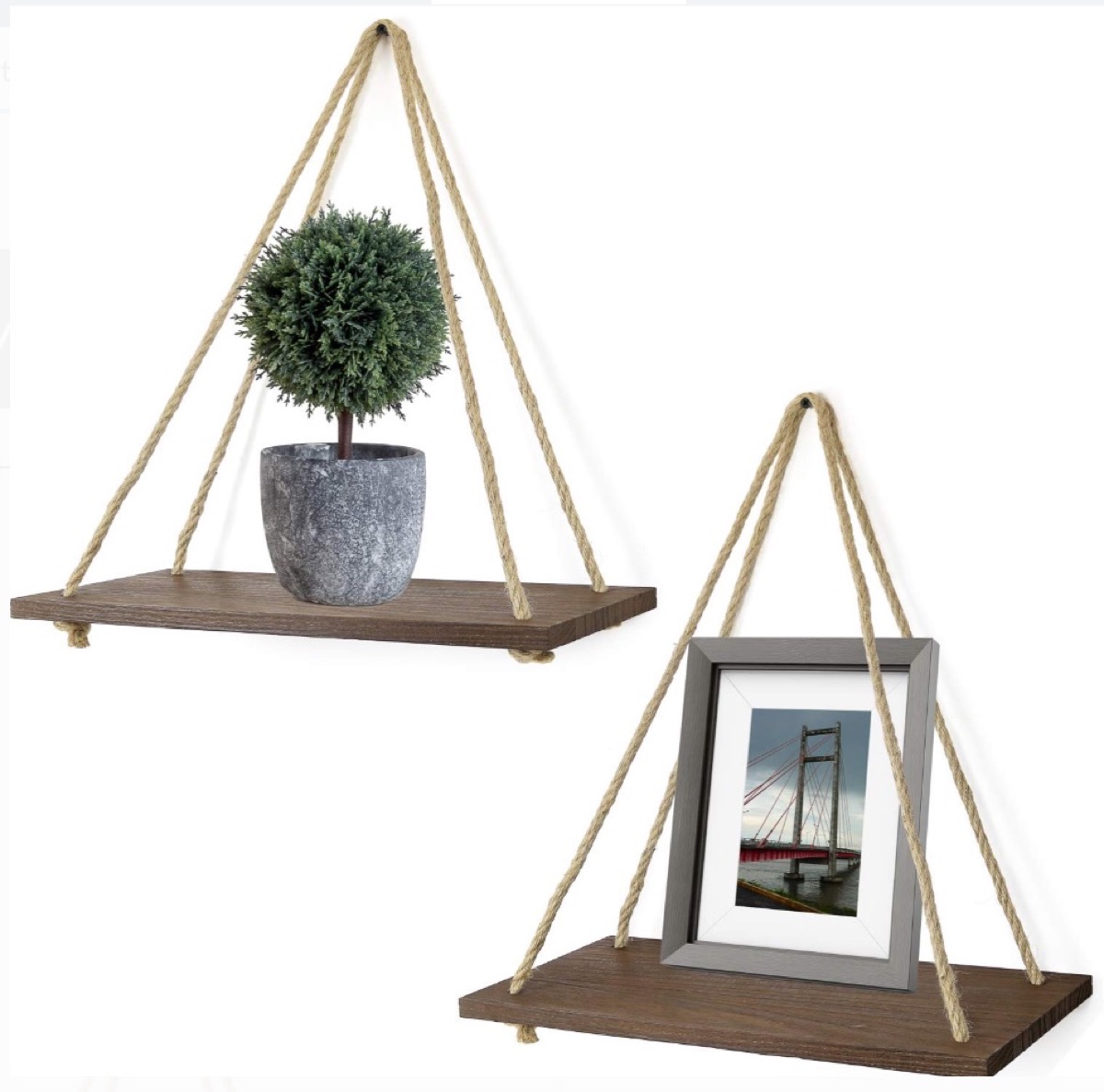 two triangular wooden shelves with jute hangers