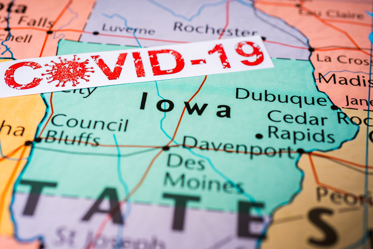 map shows iowa with COVID-19 label