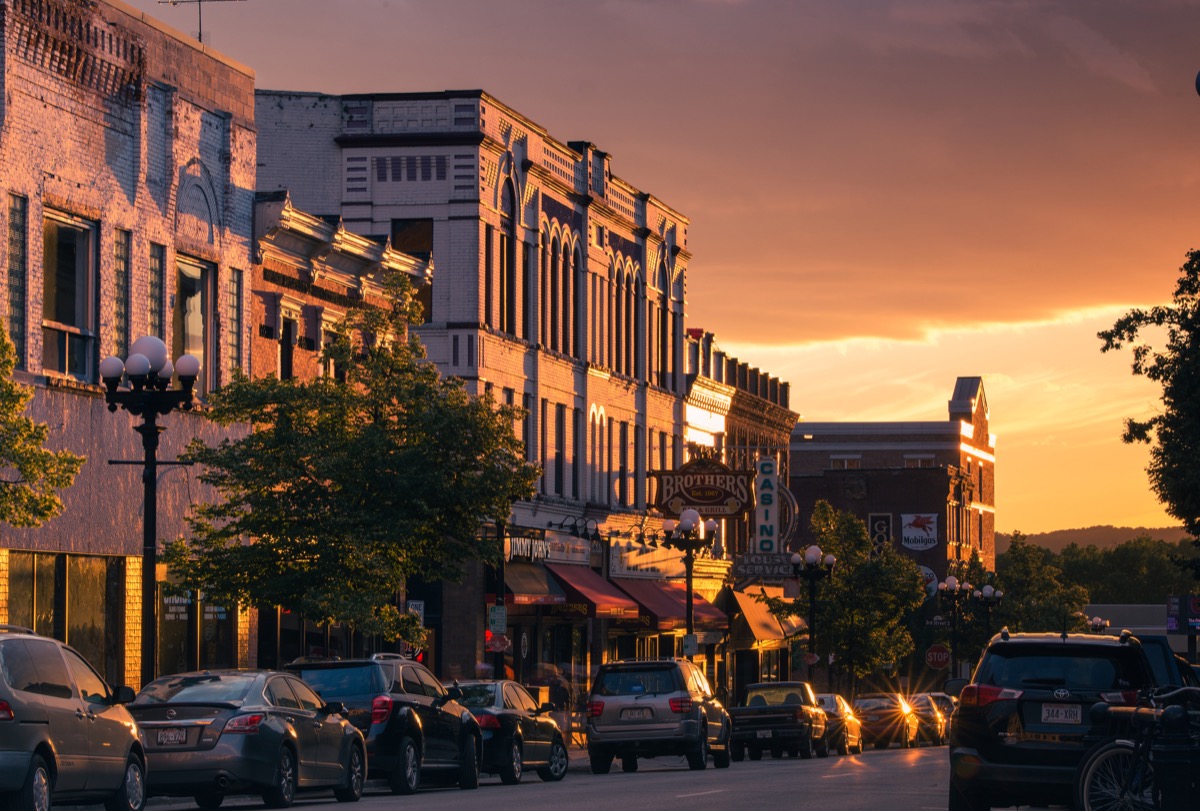 An image of historic Pearl Street in downtown La Crosse, Wisconsin at sunset during the summer.