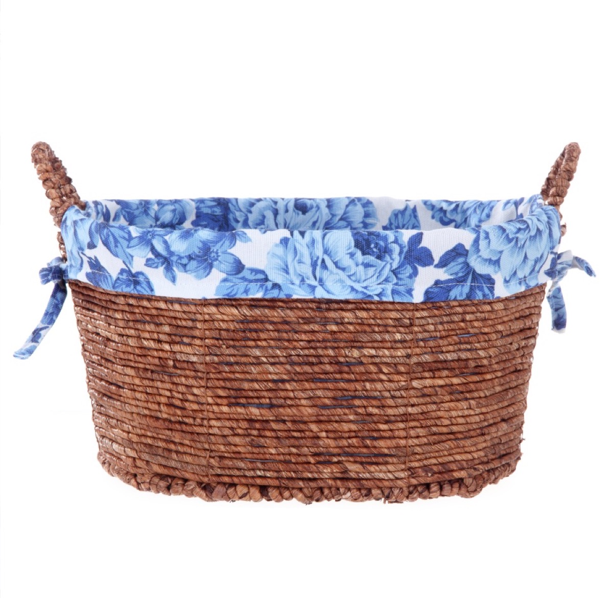 wicker basket with blue liner