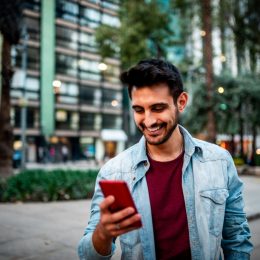 Portrait of a handsome smiling man using mobile phone at the street.