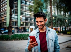 Portrait of a handsome smiling man using mobile phone at the street.