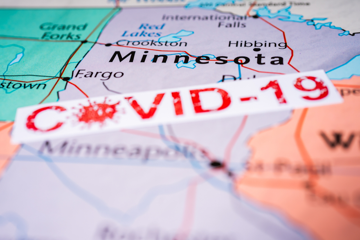 map shows Minnesota with COVID-19 label