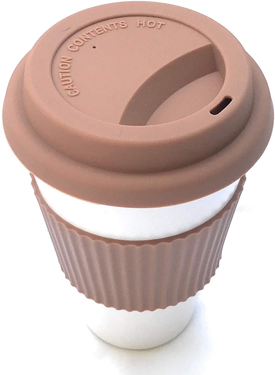 reusable coffee cup with brown lid and sleeve