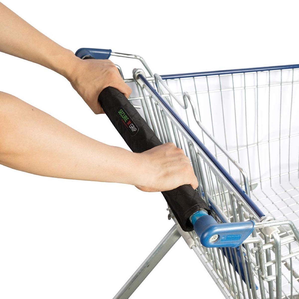 white hands pushing grocery cart