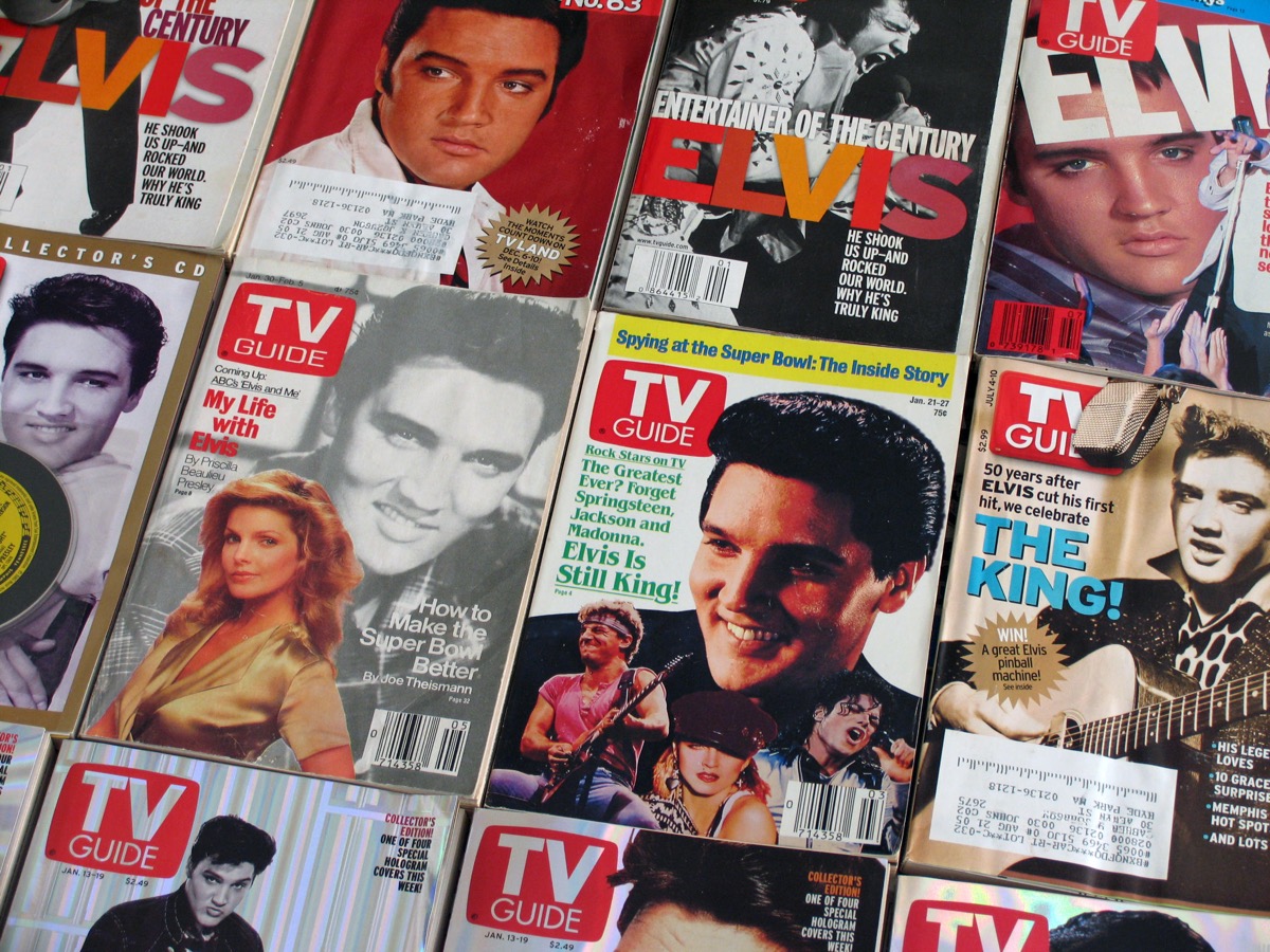 Vintage collection of TV Guides featuring Elvis Presley on the cover, circa 1988-2005