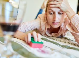 white woman looking annoyed while cleaning fabric with a sponge