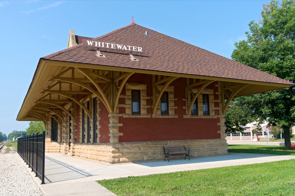 historic railroad depot building of high victorian gothic architecture style in whitewater wisconsin