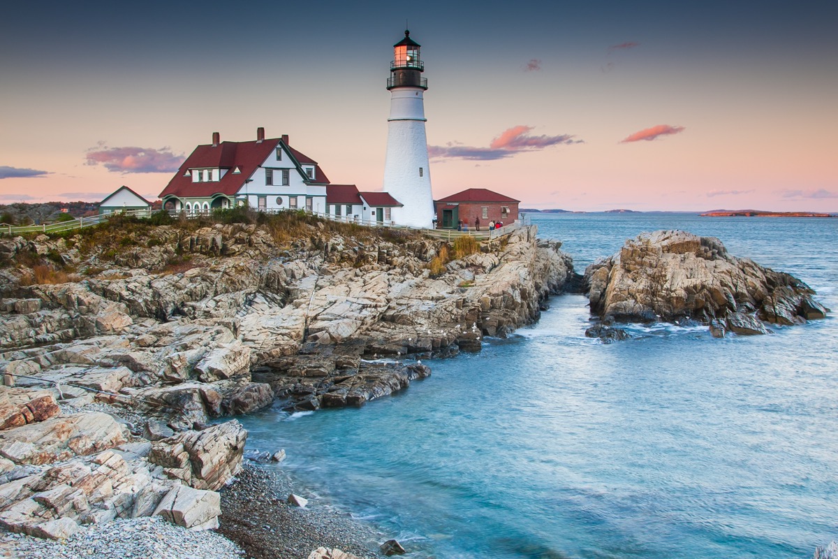 Lighthouse in Portland, Maine during the evening