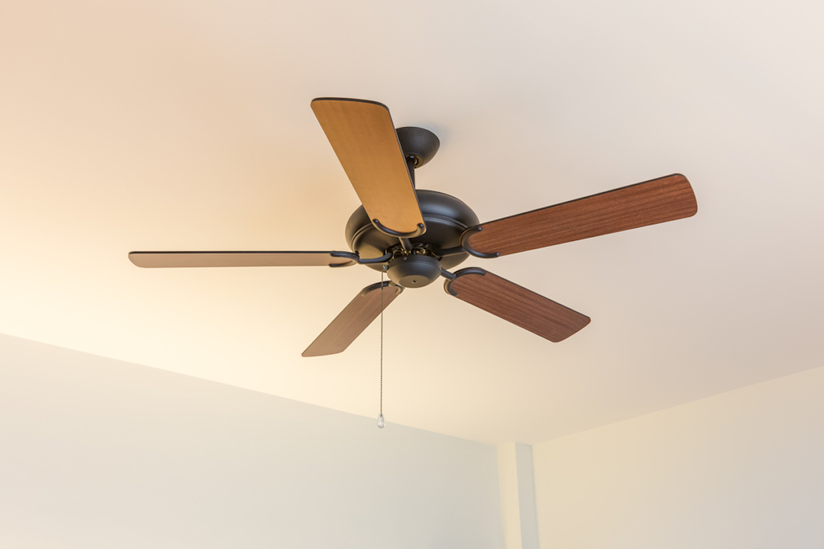 wooden ceiling fan on bright white ceiling