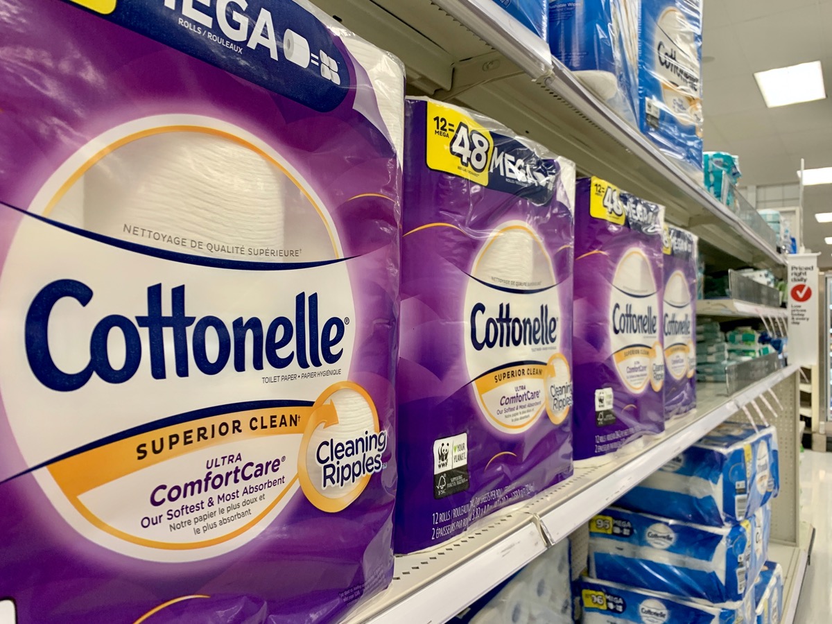 cottonelle bathroom products on shelves