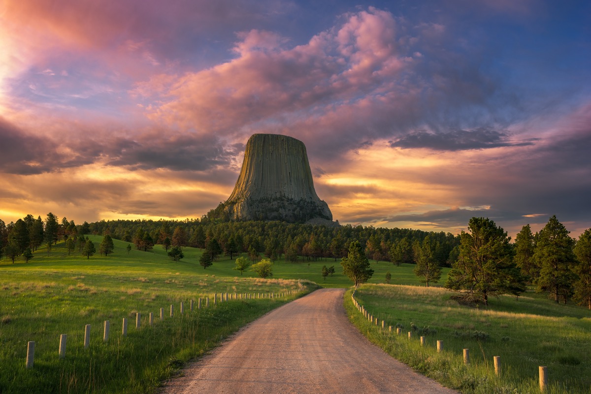 landscape photo of the Devils Tower in Crook County, Wyoming at sunrise
