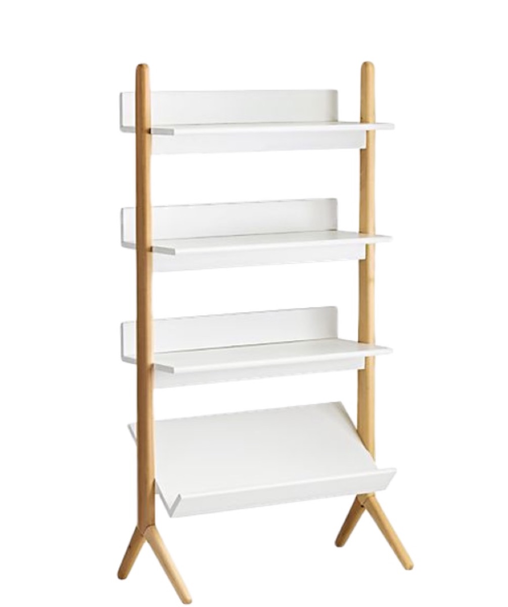 white and wood tall bookcase