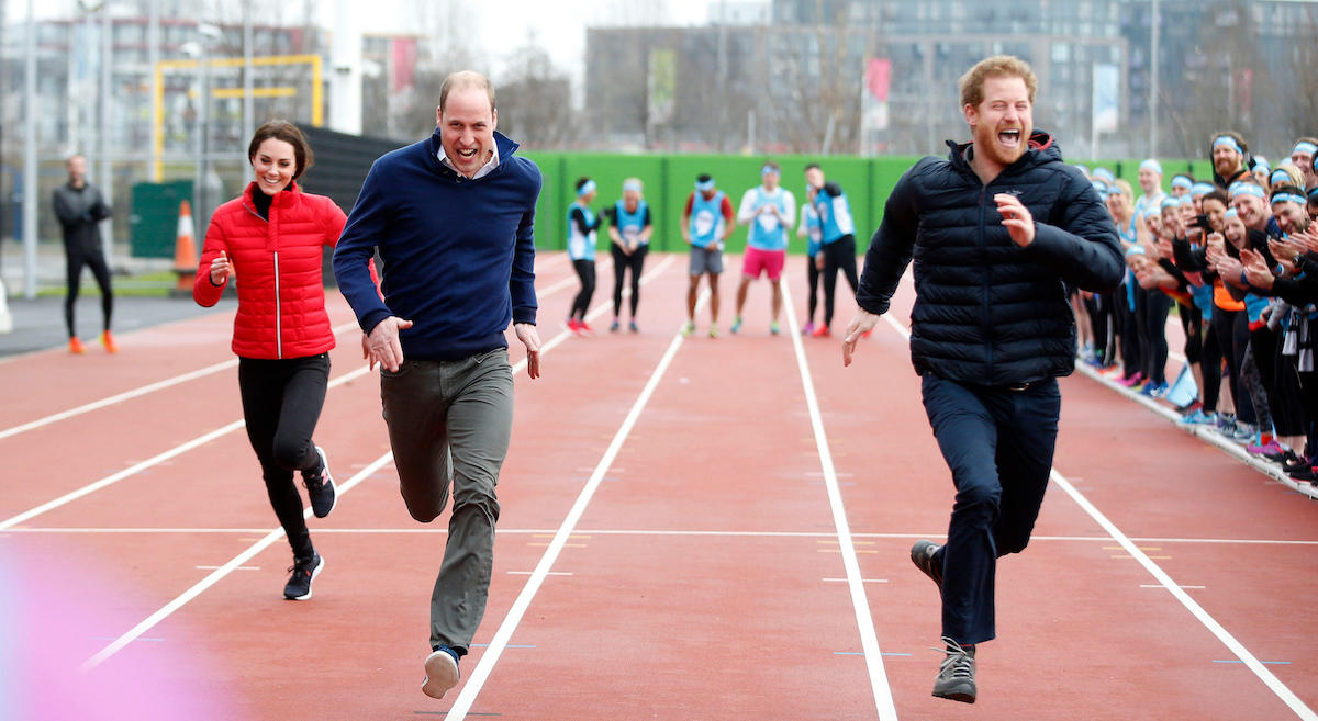 The Duke and Duchess of Cambridge and Prince Harry (right) take part in a race at the Queen Elizabeth Olympic Park in east London, as they joined runners taking part in the London Marathon for their mental health campaign Heads Together.