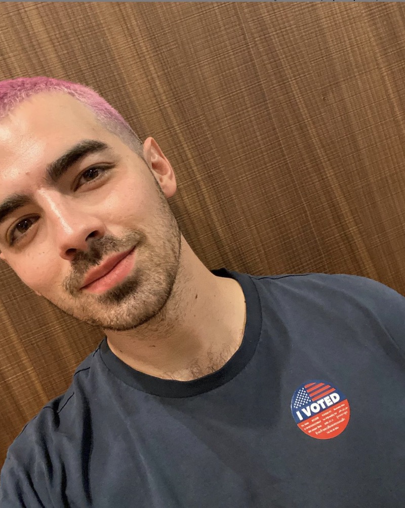 joe jonas shows off pink hair and i voted sticker