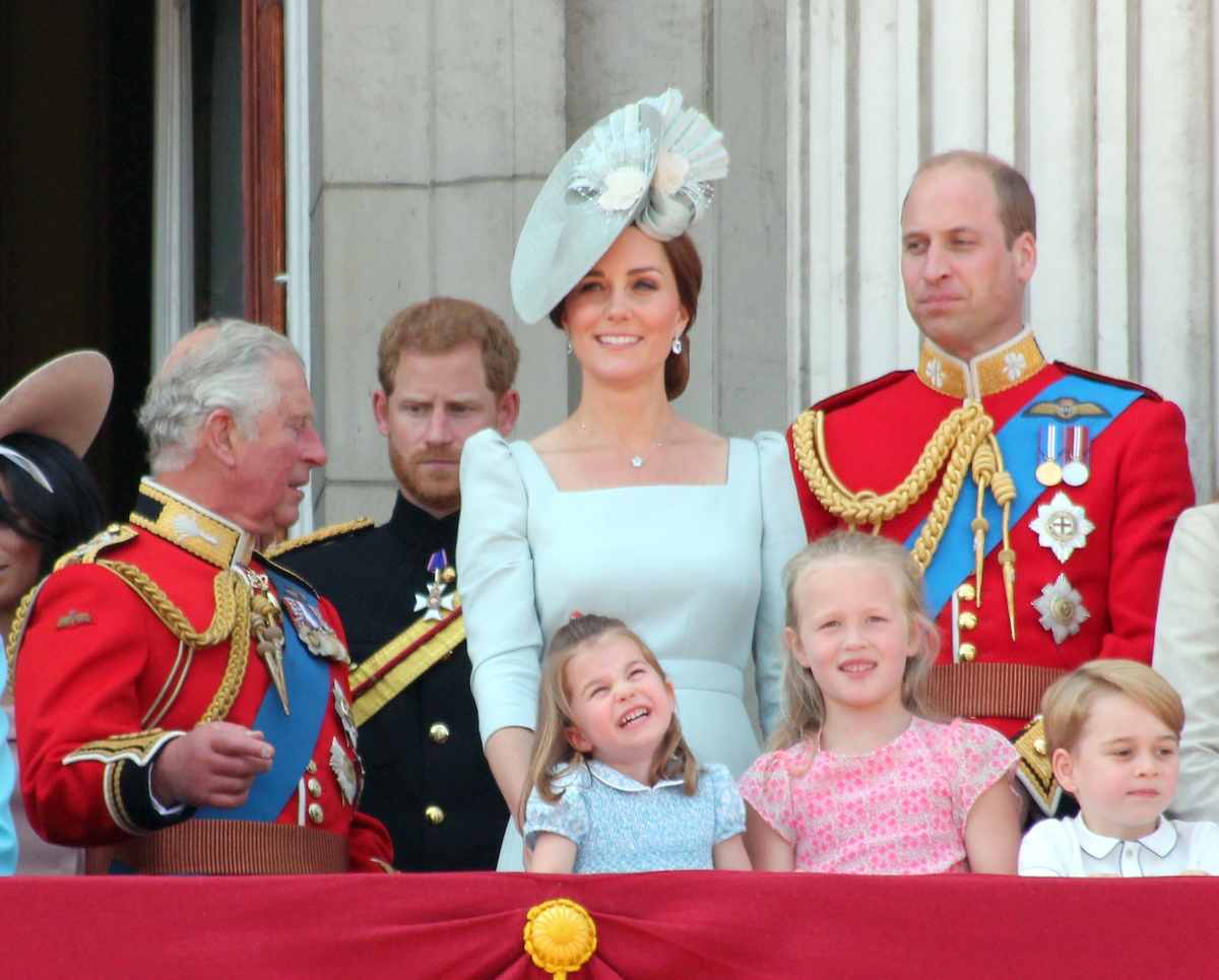 Trooping the Colour Prince Harry Prince Charles Andrew George William Kate & Charlotte Balcony Queen Birthday Buckingham Palace stock