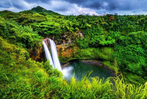 the Wailua falls and green trees in Kauai, Hawaii