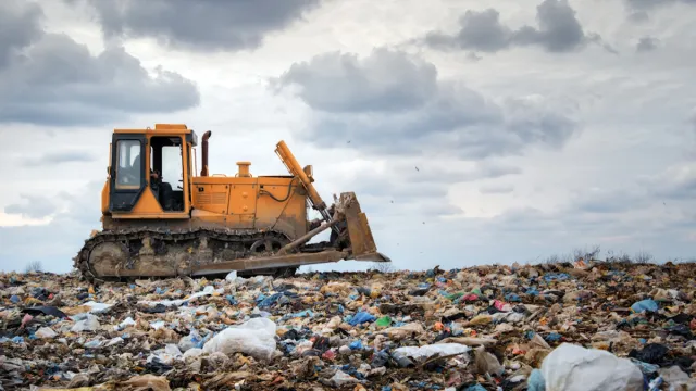 bulldozer working on landfill with birds in the sky