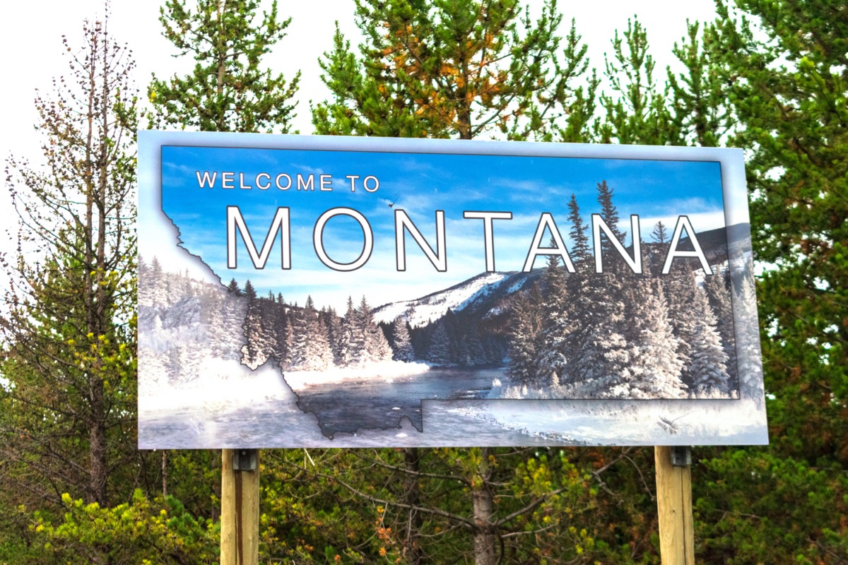 a blue "Welcome to Montana" sign in front of green trees