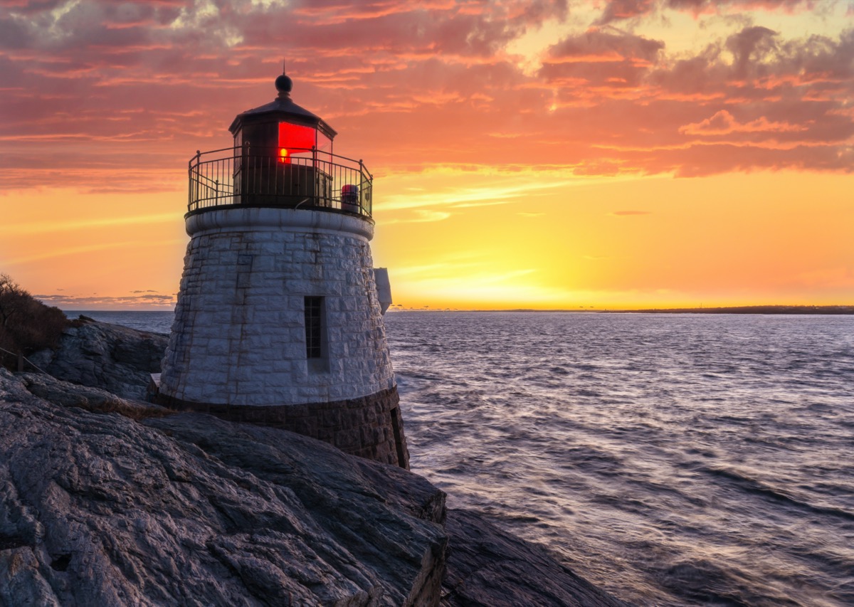 Castle Hill Lighthouse in Newport, Rhode Island at sunset