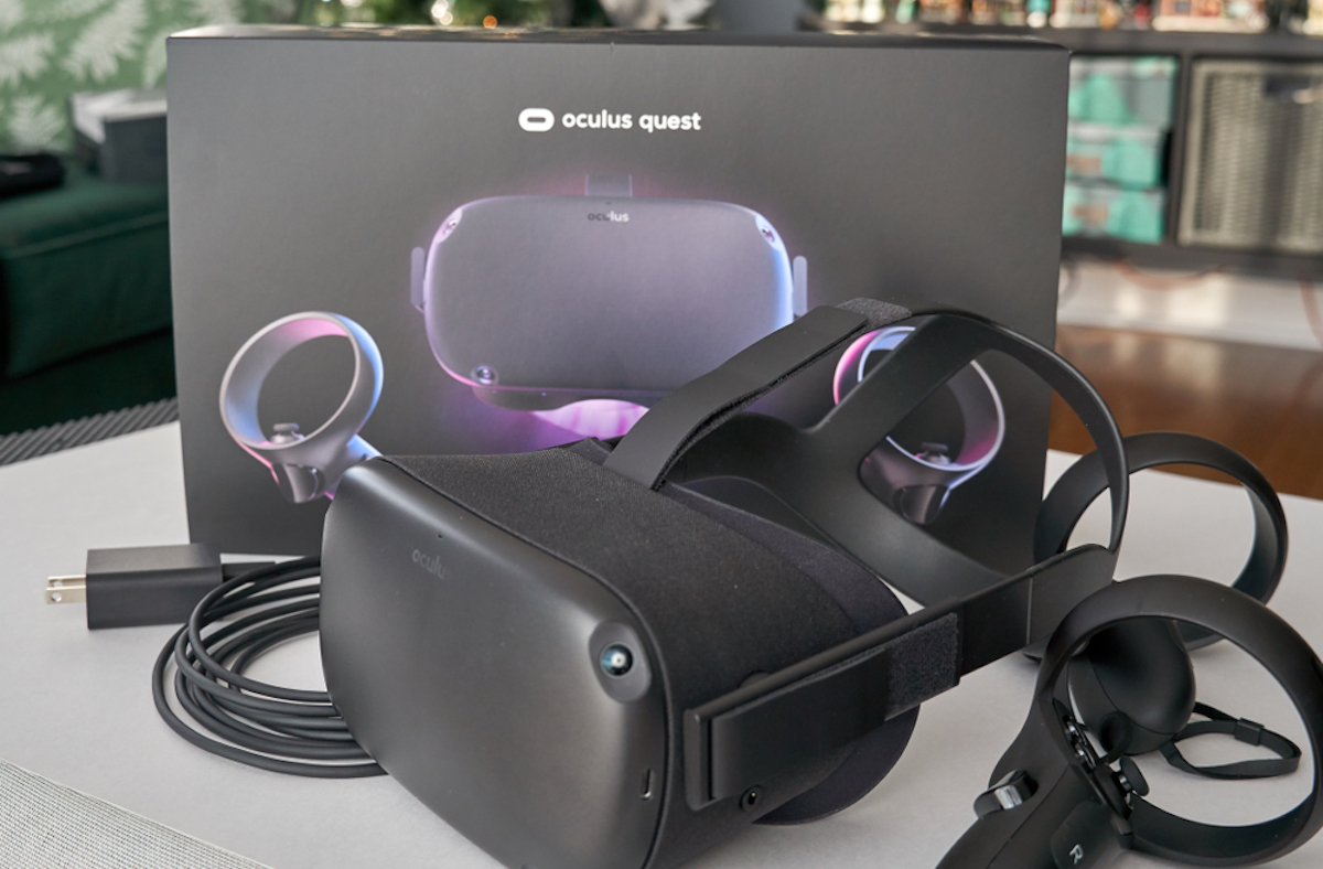 Oculus Quest VR headset and controllers. The Oculus Quest is a first all in virtual reality wireless headset and system created by Oculus VR, division of Facebook
