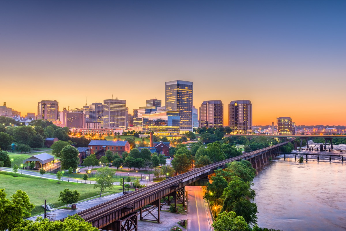 downtown skyline and river in Richmond, Virginia at twilight
