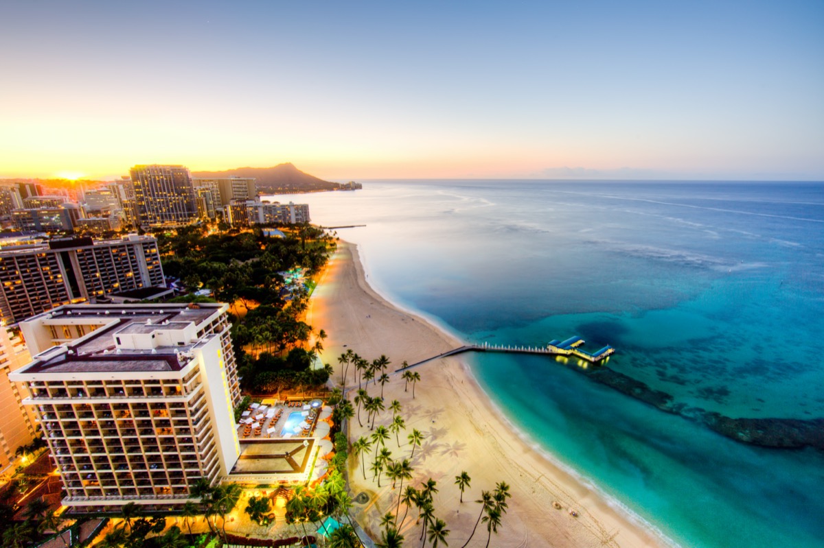 cityscape view of Waikiki, Hawaii at sunrise