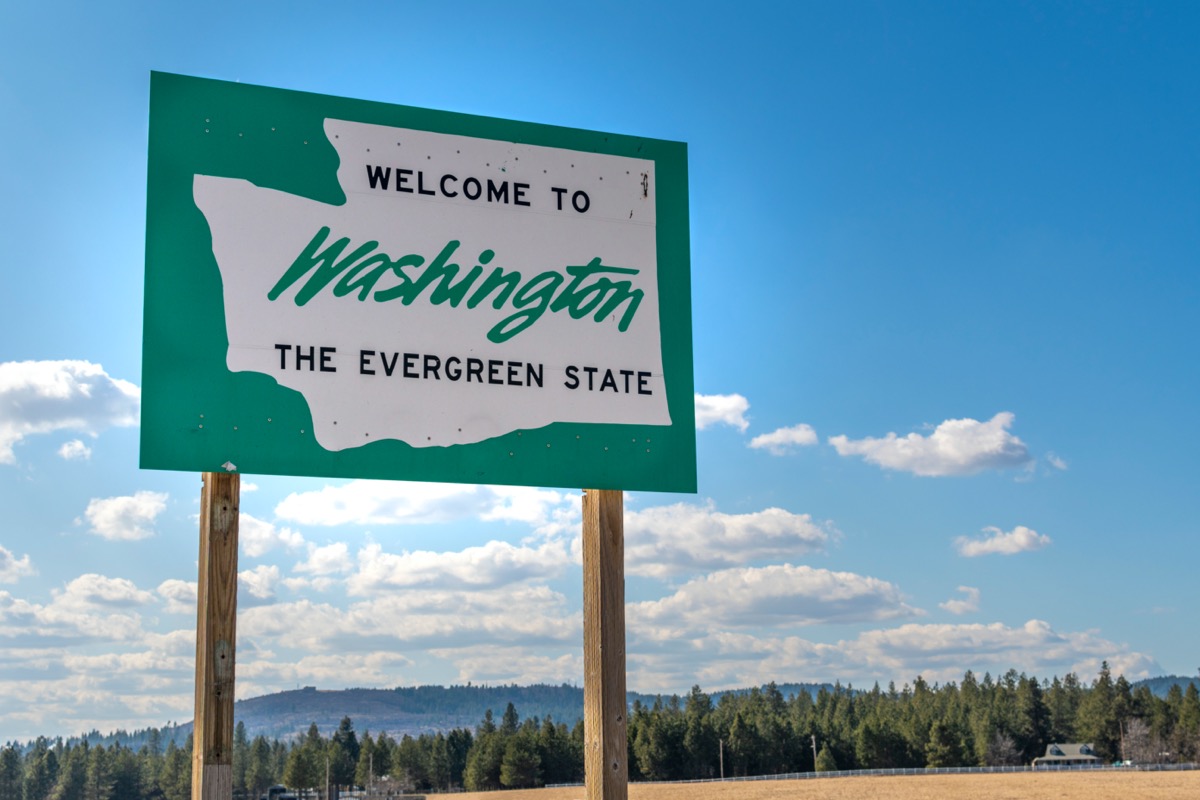a green "Welcome to Washington" sign in sand and in front of trees